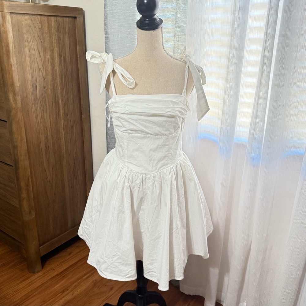 White Bow Tie Shoulder Mini Dress